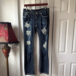 Machine Women's Dark Blue Distressed Boot Cut Jeans